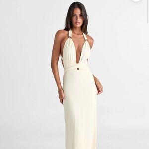 Backless Halter Cream Evening Gown with Plunging Neckline